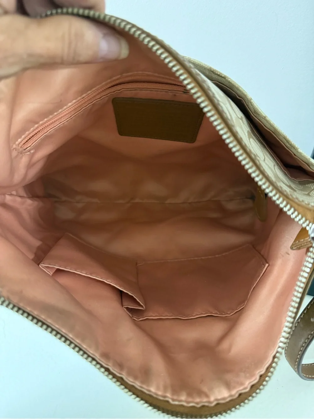 Coach Beige Signature Crossbody with Brown Leather Trim!